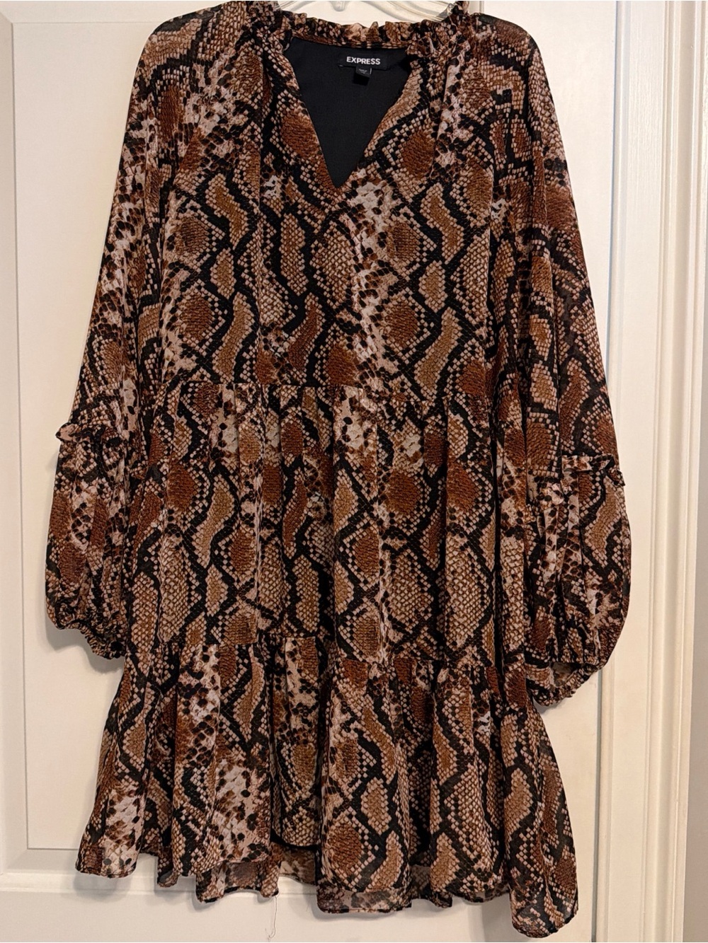 Express Brown Snake-Print Tiered Mini Dress